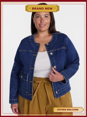 Plus Size Denim Lady Jacket Cropped Gold-Tone Buttons Patch Pockets